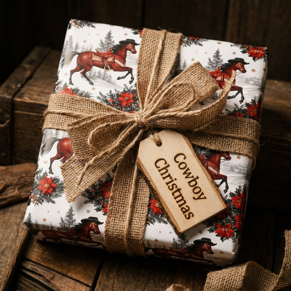 Rustic cowboy Christmas wrapping paper with horses, burlap ribbon, and wooden gift tag by Wrapped Studios.