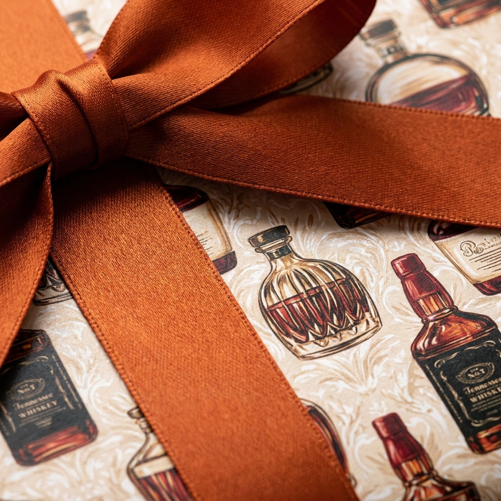 Vintage whiskey wrapping paper with a rust satin ribbon, luxury masculine gift wrap by Wrapped Studios.