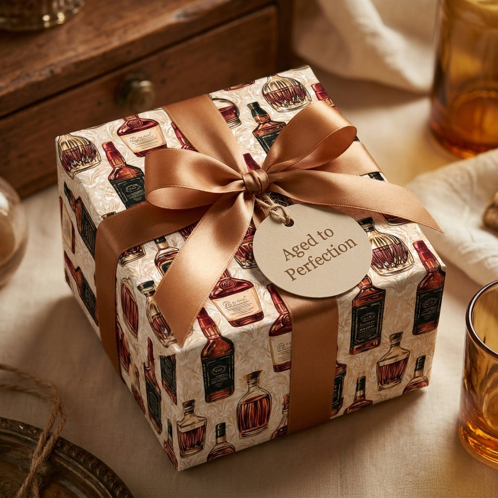 Vintage whiskey wrapping paper on a gift box with a bronze ribbon and "Aged to Perfection" tag by Wrapped Studios.