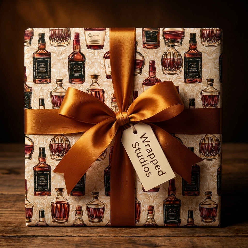 Vintage whiskey wrapping paper by Wrapped Studios with a bronze satin bow on a masculine gift box.