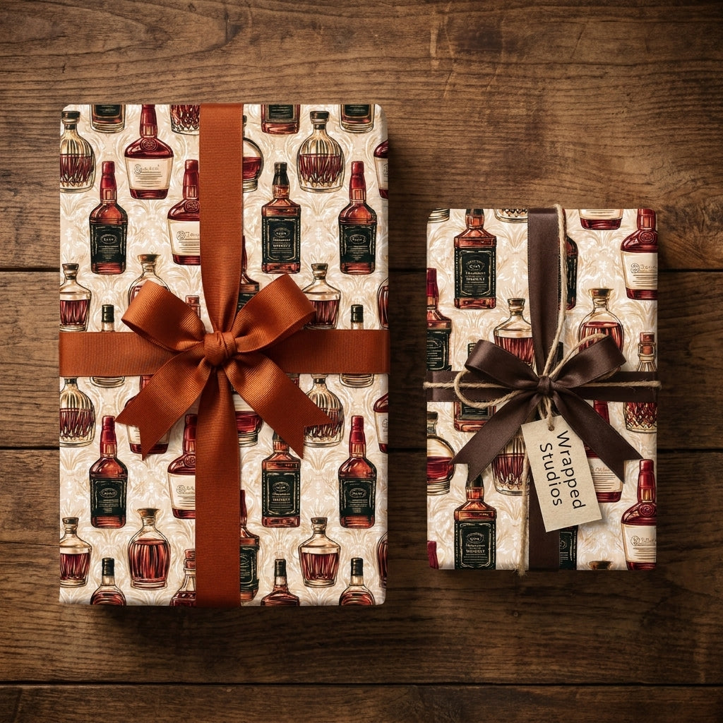 Vintage whiskey wrapping paper on gift boxes with rust and brown bows on wood, by Wrapped Studios.