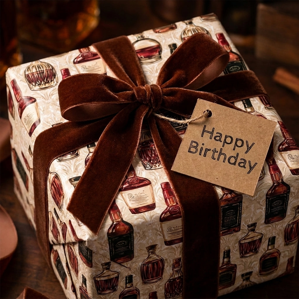 Bourbon whiskey birthday wrapping paper with a brown velvet bow and gift tag, by Wrapped Studios.