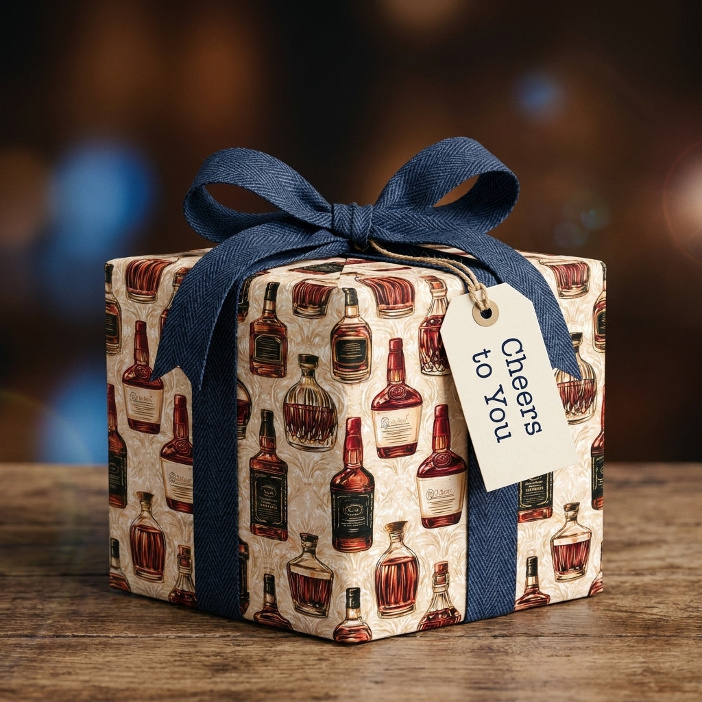 Whiskey bottle wrapping paper by Wrapped Studios with a navy blue ribbon and Cheers to You tag.