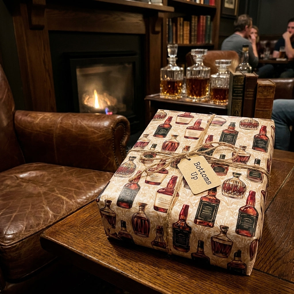 Whiskey wrapping paper by Wrapped Studios on a gift box with twine in a cozy fireplace lounge.