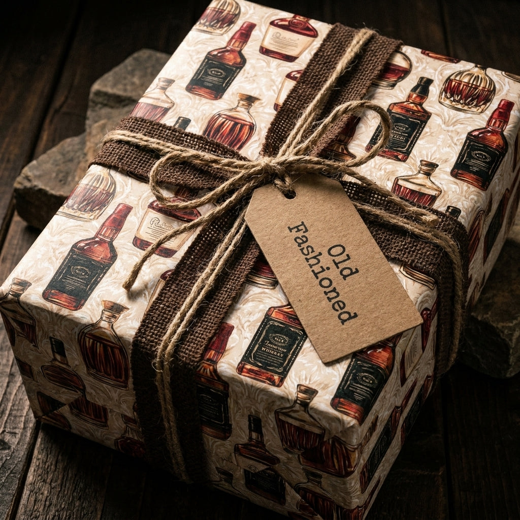 Vintage whiskey wrapping paper by Wrapped Studios on a rustic gift box with burlap ribbon and twine.