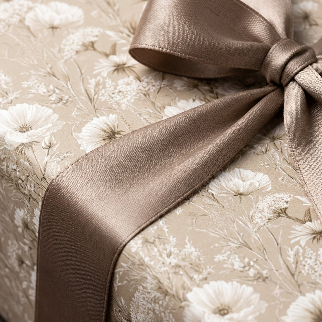 Vintage floral wrapping paper in cream and beige with a luxury taupe satin bow by Wrapped Studios.