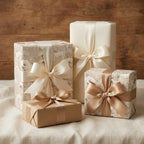 Elegant floral wrapping paper with luxury cream satin bows by Wrapped Studios.