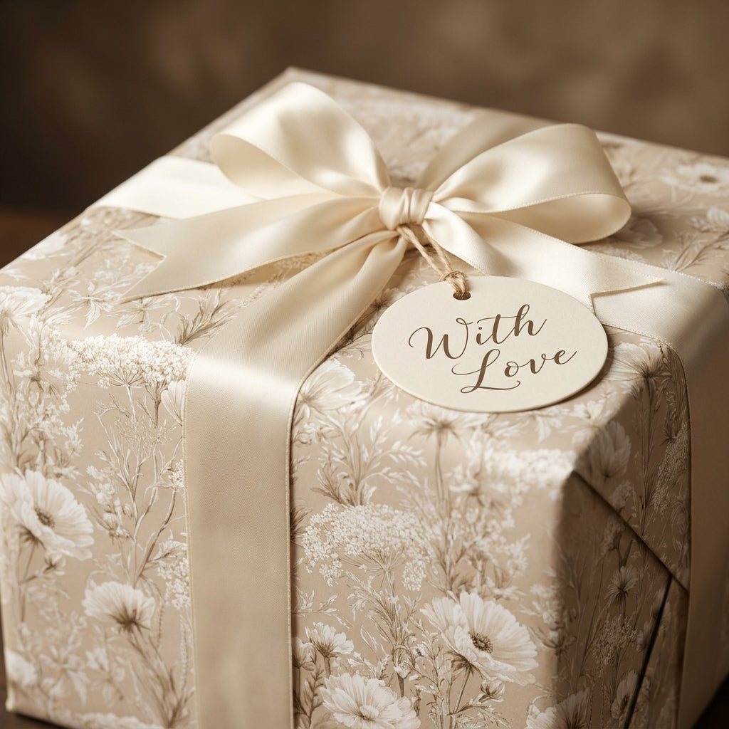 Elegant vintage floral wrapping paper in cream with a satin bow by Wrapped Studios.