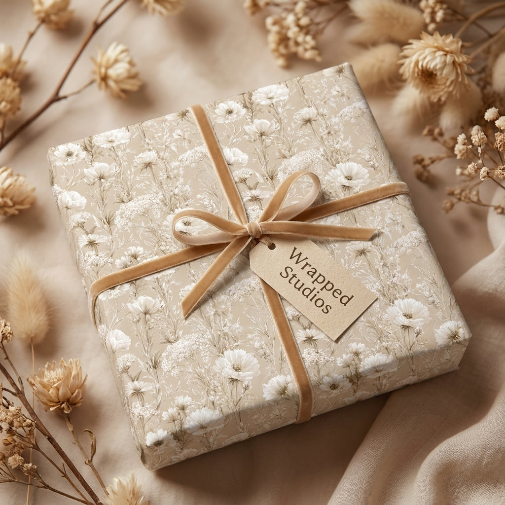 Elegant neutral floral wrapping paper from Wrapped Studios, tied with a velvet ribbon bow.