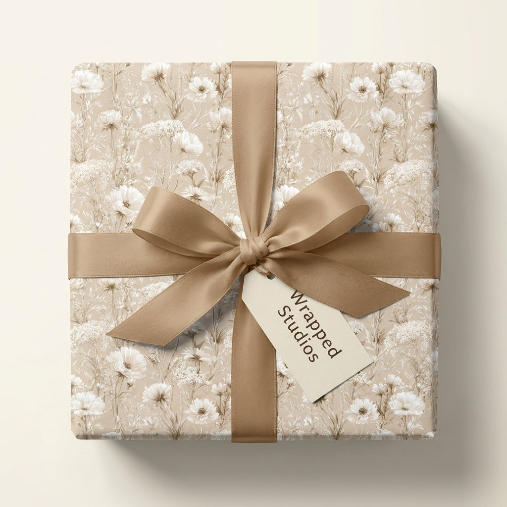 Vintage floral wrapping paper in neutral beige with a satin ribbon bow by Wrapped Studios.
