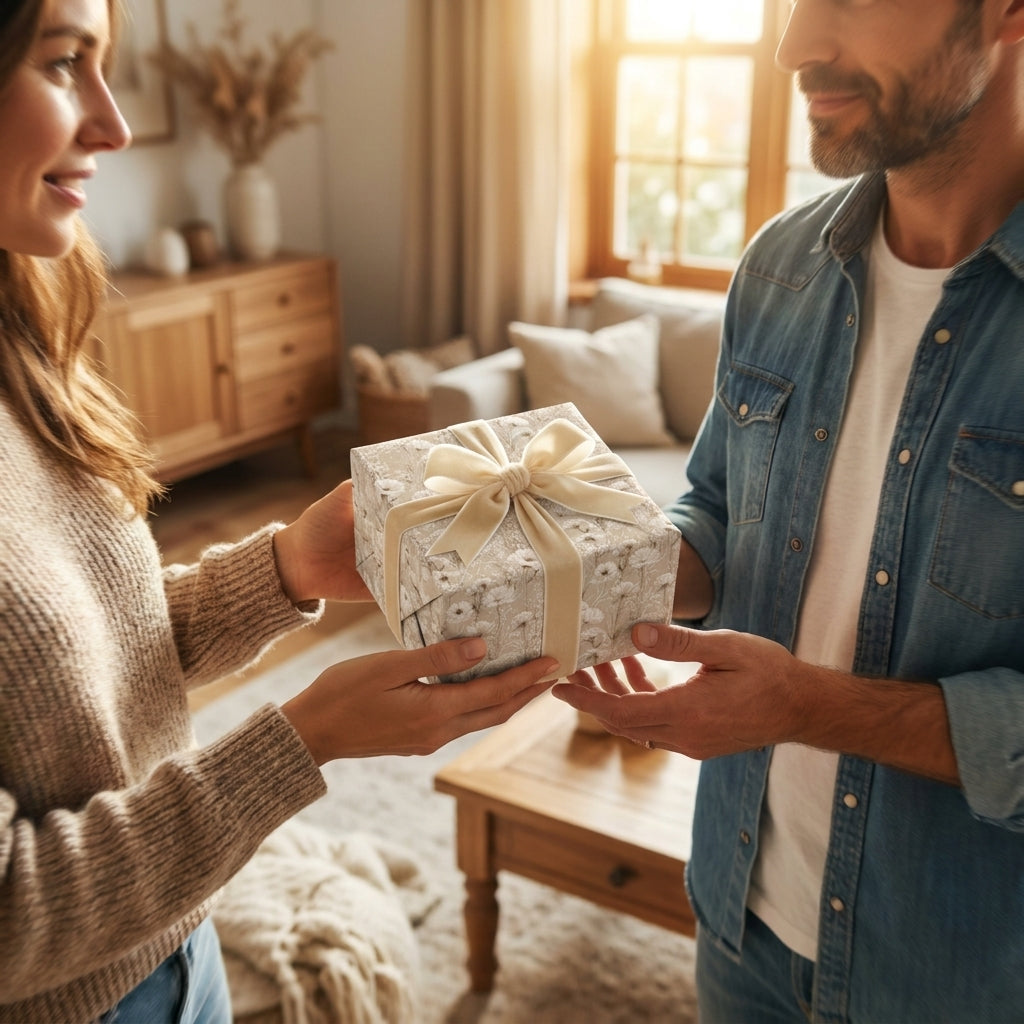 Couple exchanging a gift in elegant floral wrapping paper with a cream velvet bow by Wrapped Studios.
