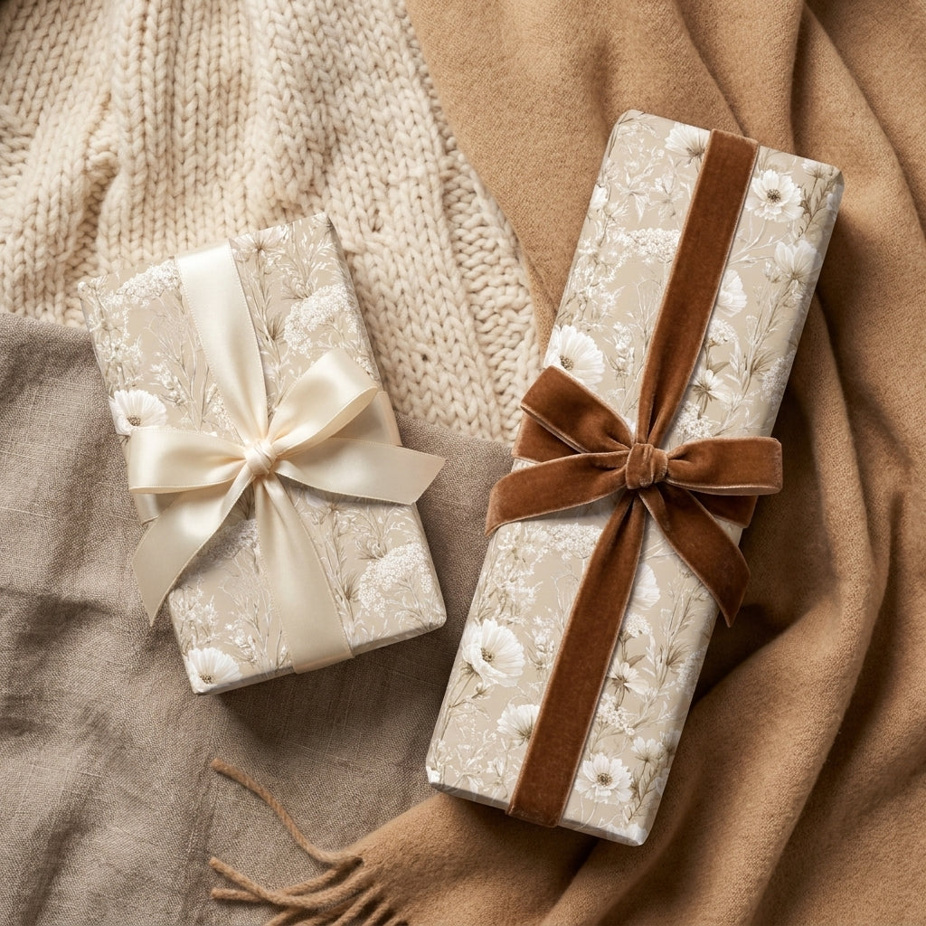Elegant neutral floral wrapping paper with velvet ribbons on cozy winter blankets by Wrapped Studios.
