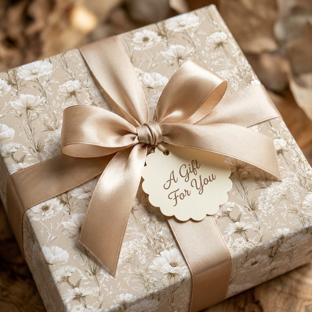 Luxury vintage floral wrapping paper in cream and beige with a satin bow by Wrapped Studios.