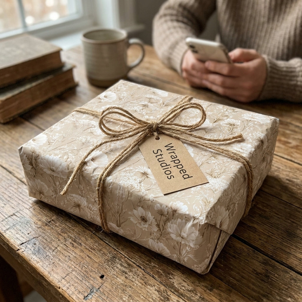 Beige floral wrapping paper by Wrapped Studios on a rustic gift box tied with a natural twine bow.