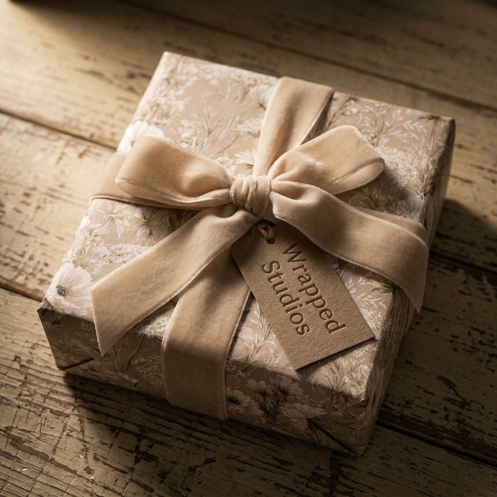 Luxury vintage floral wrapping paper with a beige velvet bow and gift tag by Wrapped Studios.