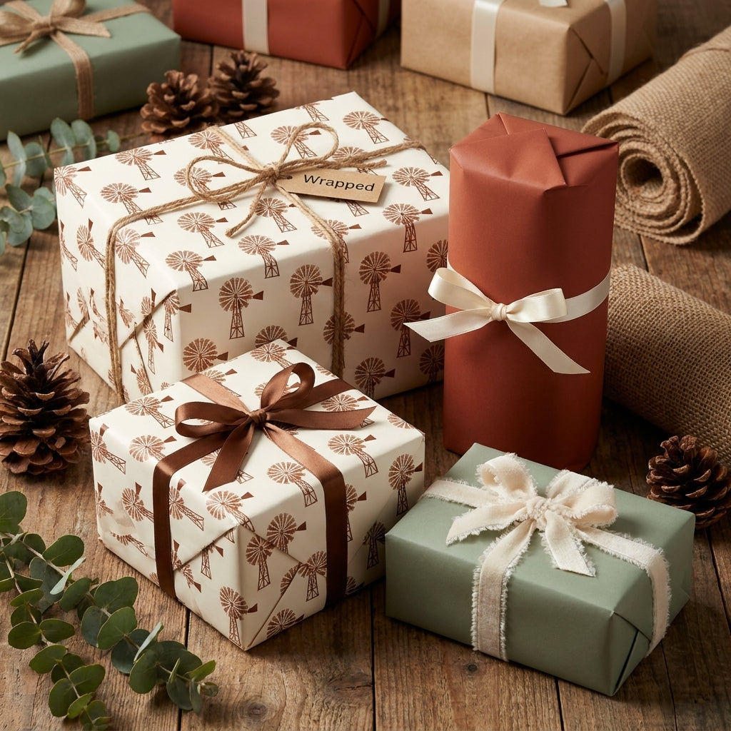 Rustic farmhouse windmill wrapping paper and terracotta gift wrap by Wrapped Studios.