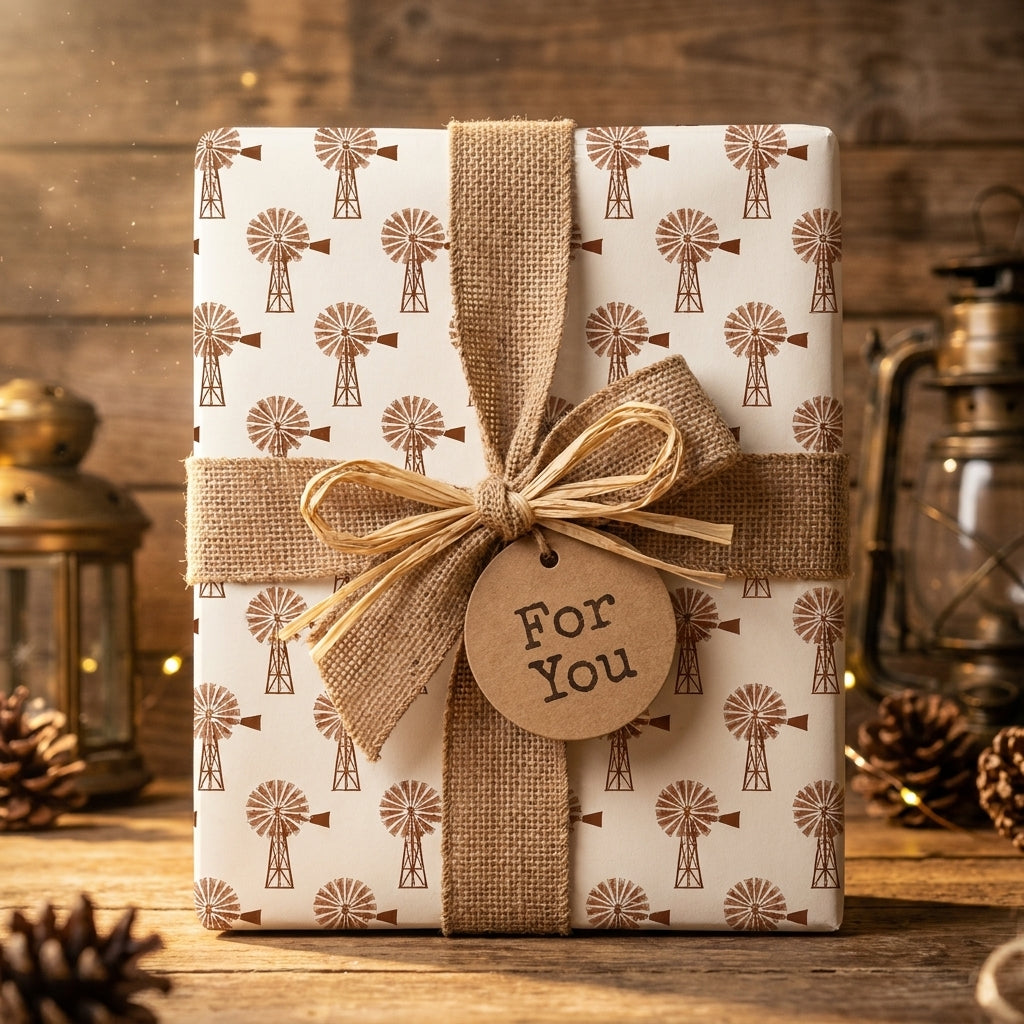 Rustic farmhouse windmill wrapping paper with a burlap bow by Wrapped Studios.