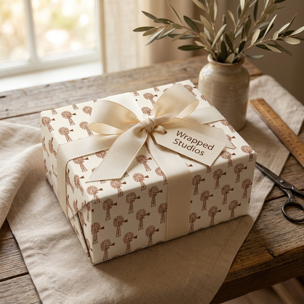 Rustic farmhouse windmill wrapping paper with a cream bow on a gift box, by Wrapped Studios.