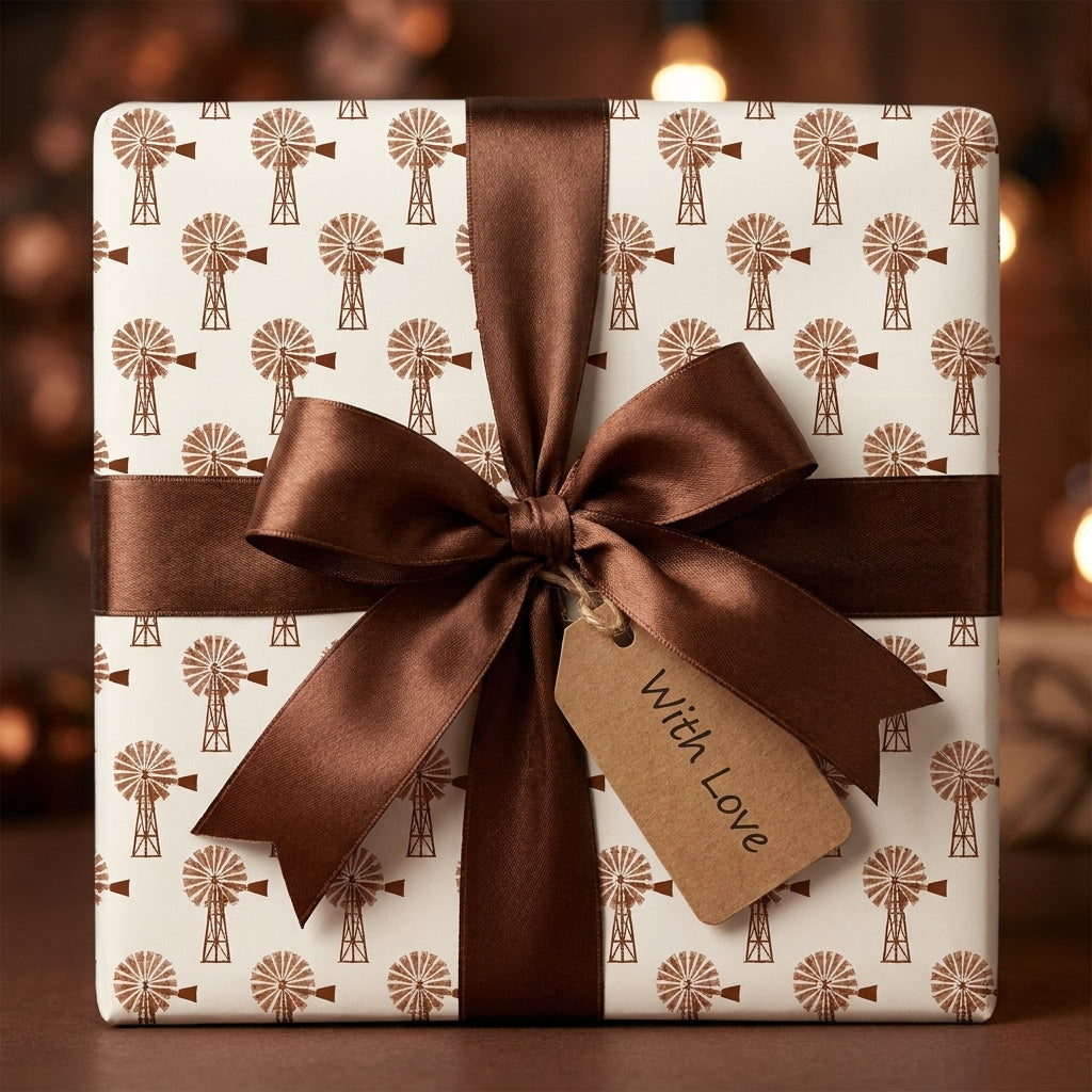 Rustic windmill gift wrap with a brown satin bow and 'With Love' tag by Wrapped Studios.