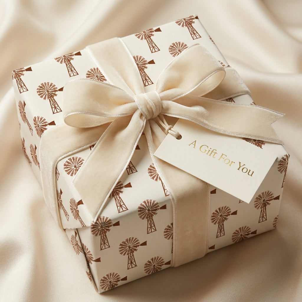 Rustic farmhouse wrapping paper with windmill print, cream velvet bow, and gift tag by Wrapped Studios.