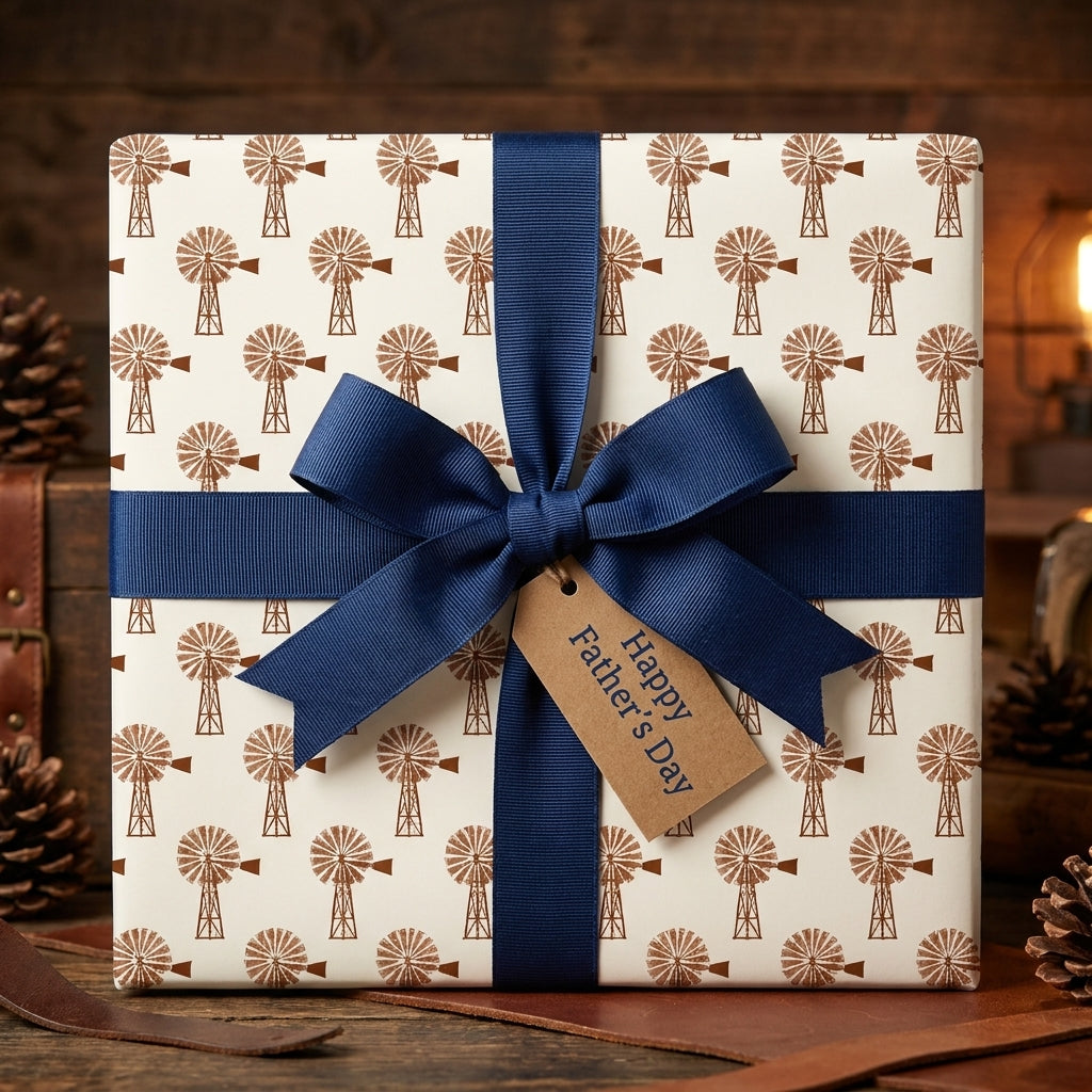 Rustic windmill wrapping paper for Father's Day with a navy blue ribbon, by Wrapped Studios.