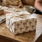 Rustic farmhouse gift wrap with brown windmill pattern and twine by Wrapped Studios.