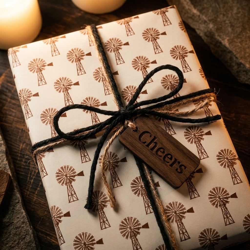 Rustic windmill wrapping paper by Wrapped Studios, tied with twine and a wooden "Cheers" tag.