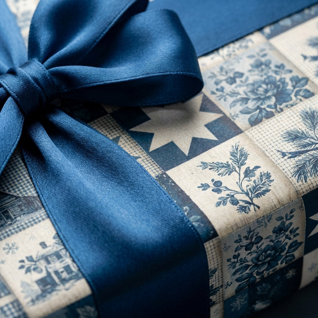 Vintage blue and cream floral Christmas gift wrap with a navy satin ribbon by Wrapped Studios.