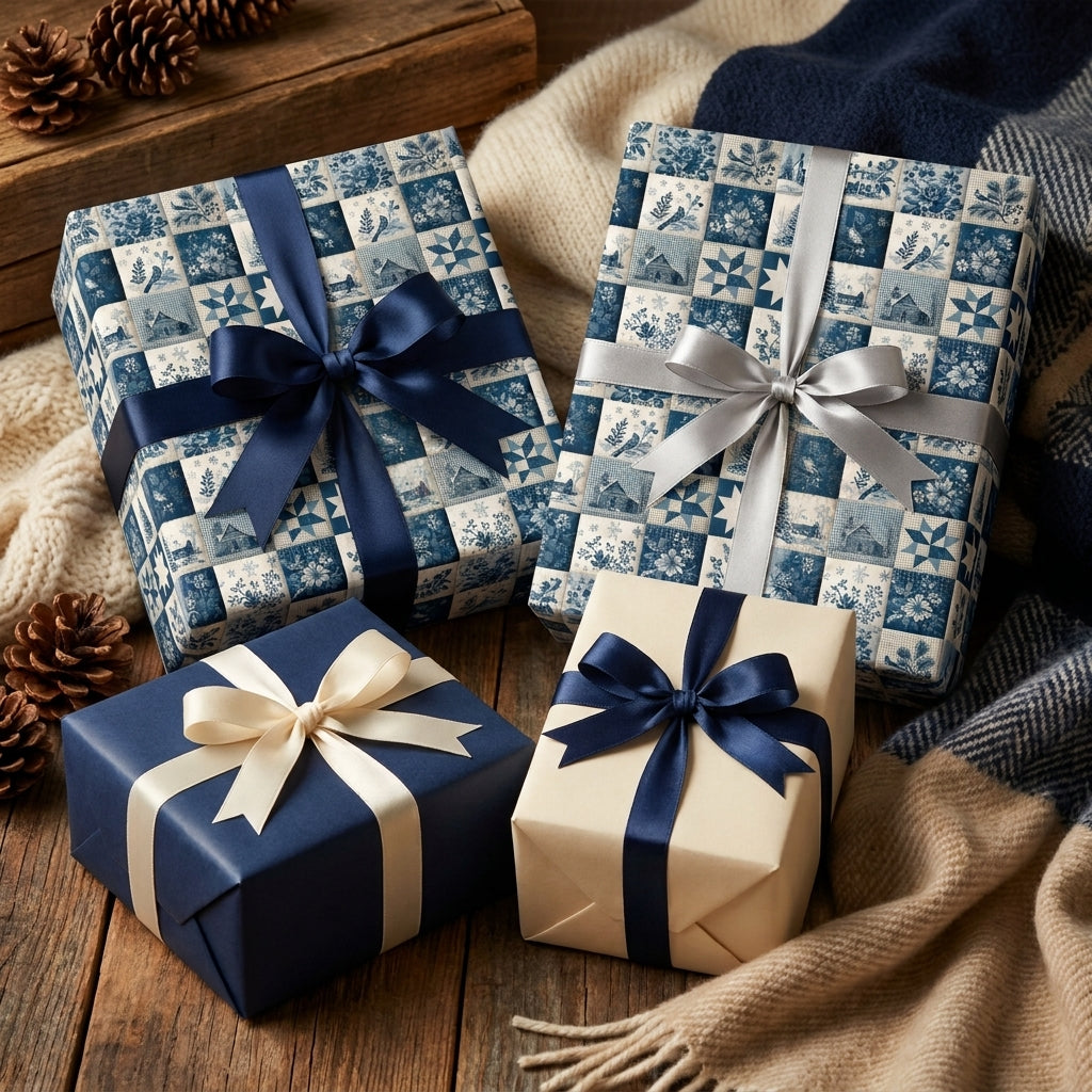 Cozy blue Christmas wrapping paper with rustic patchwork pattern by Wrapped Studios.