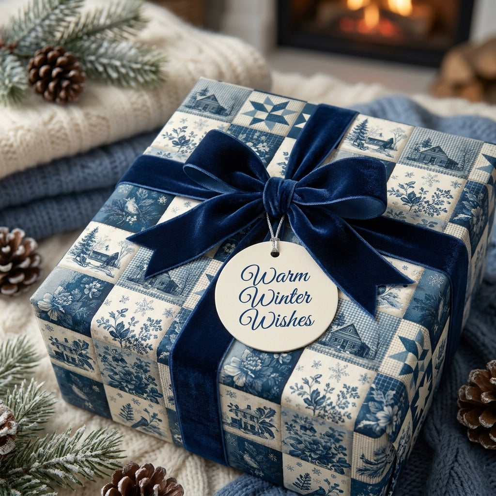 Blue patchwork Christmas wrapping paper with a navy velvet bow and gift tag by Wrapped Studios.
