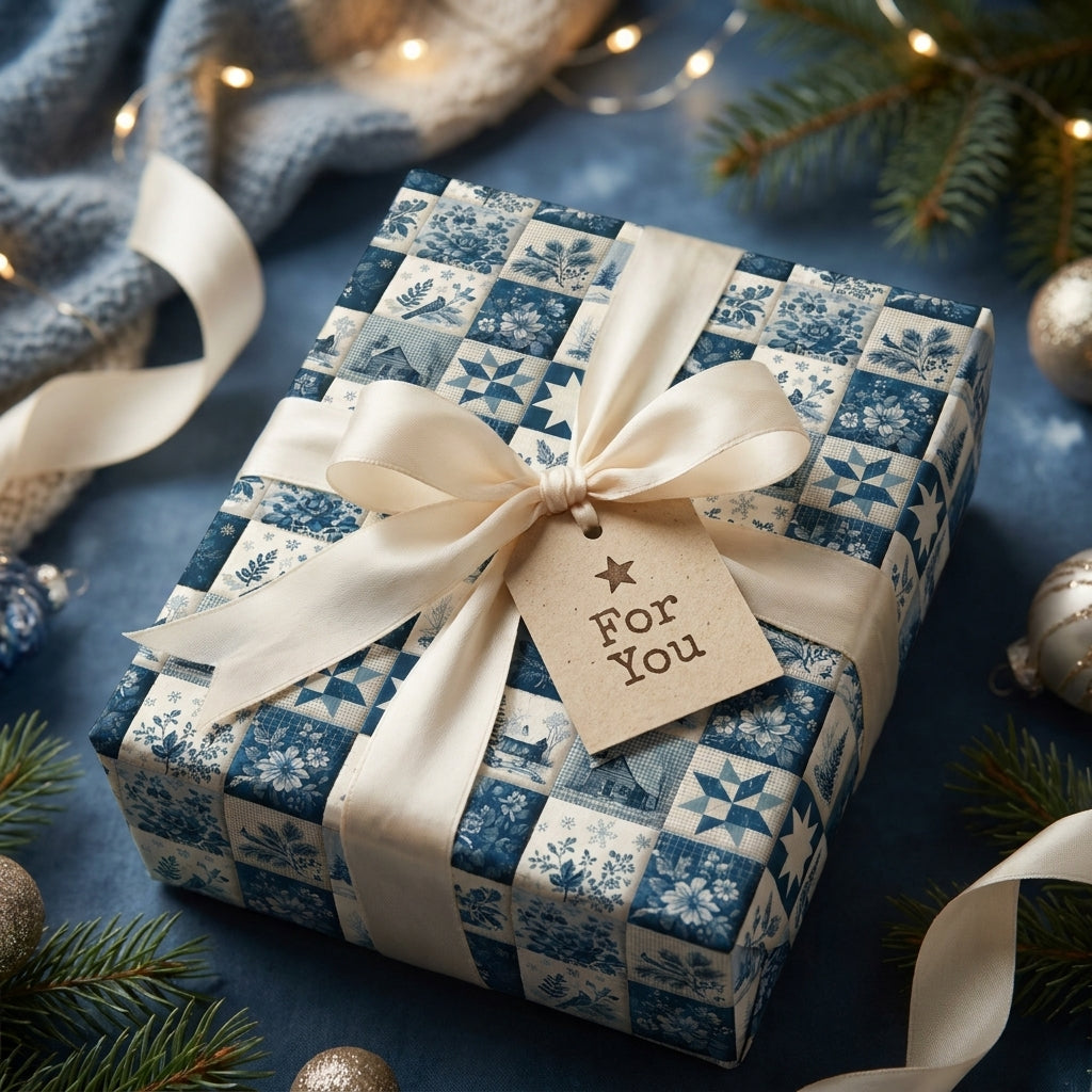 Blue patchwork Christmas wrapping paper with a cream satin bow and gift tag by Wrapped Studios.