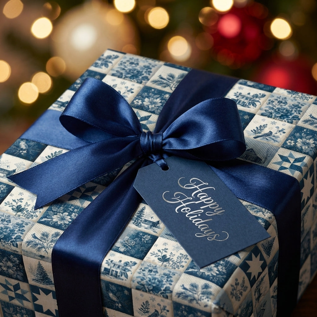 Blue Christmas wrapping paper with patchwork design, navy ribbon, and holiday gift tag by Wrapped Studios.