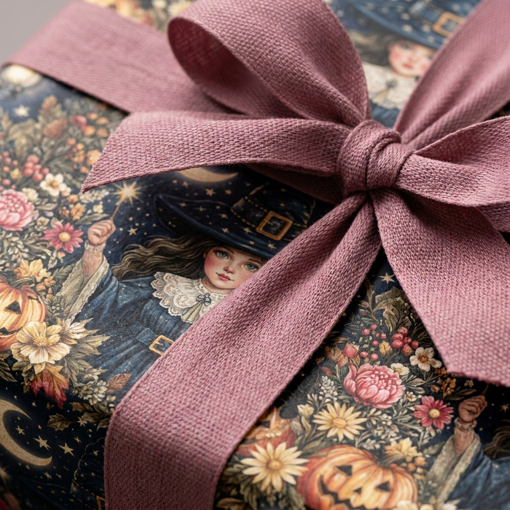 Vintage witch wrapping paper with a pink fabric bow on a Halloween gift from Wrapped Studios.