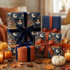 Whimsical witch wrapping paper on Halloween gift boxes with velvet ribbons by Wrapped Studios.