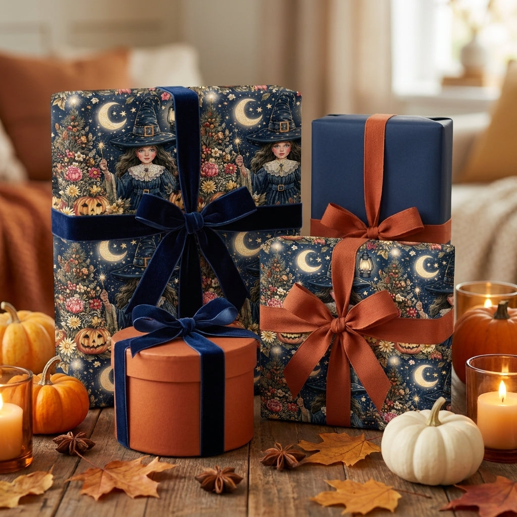Whimsical witch wrapping paper on Halloween gift boxes with velvet ribbons by Wrapped Studios.