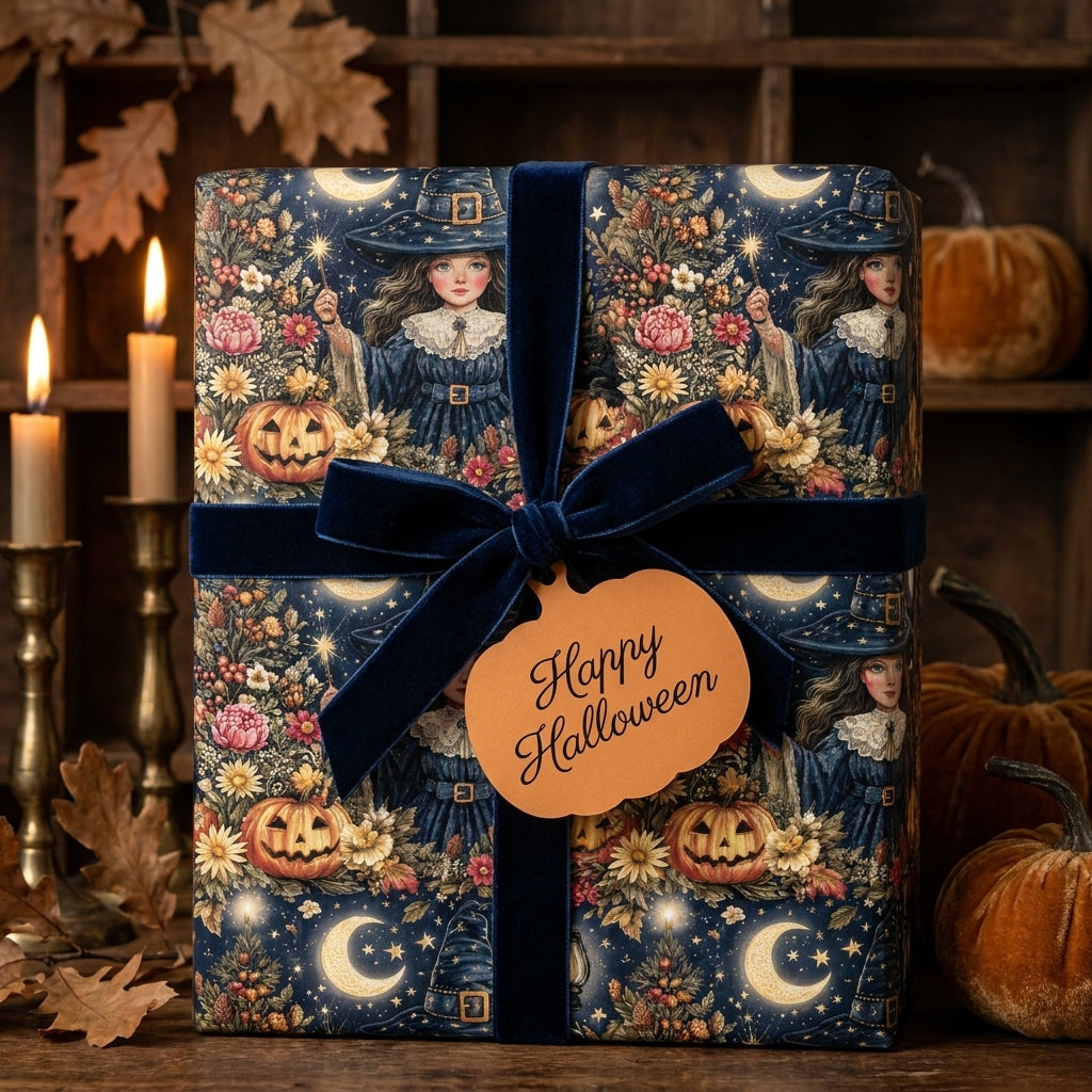 Vintage witch and pumpkin Halloween wrapping paper with a navy velvet bow by Wrapped Studios.
