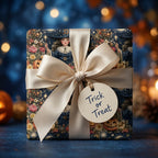 Vintage witch Halloween wrapping paper with cream satin ribbon and Trick or Treat tag by Wrapped Studios.