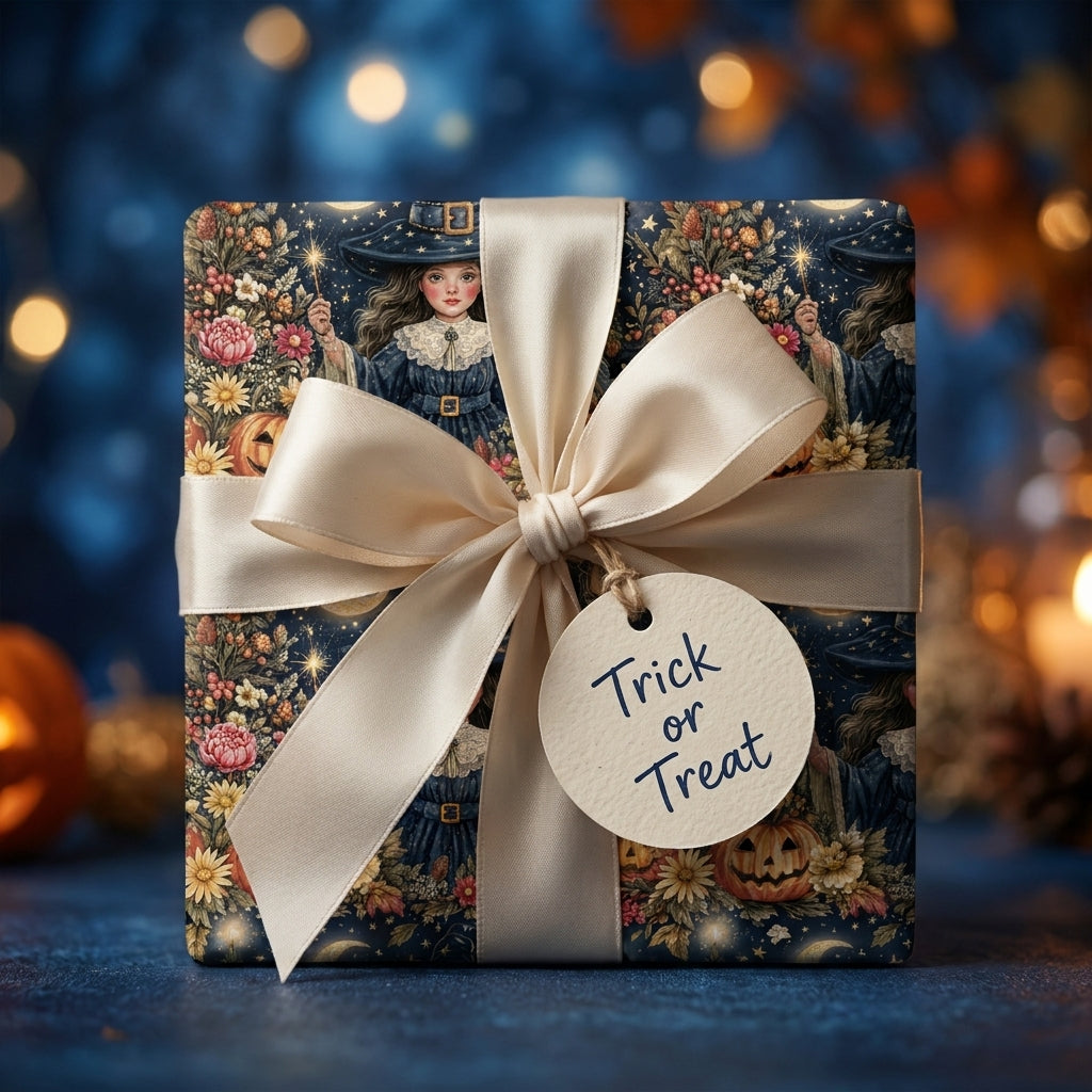 Vintage witch Halloween wrapping paper with cream satin ribbon and Trick or Treat tag by Wrapped Studios.