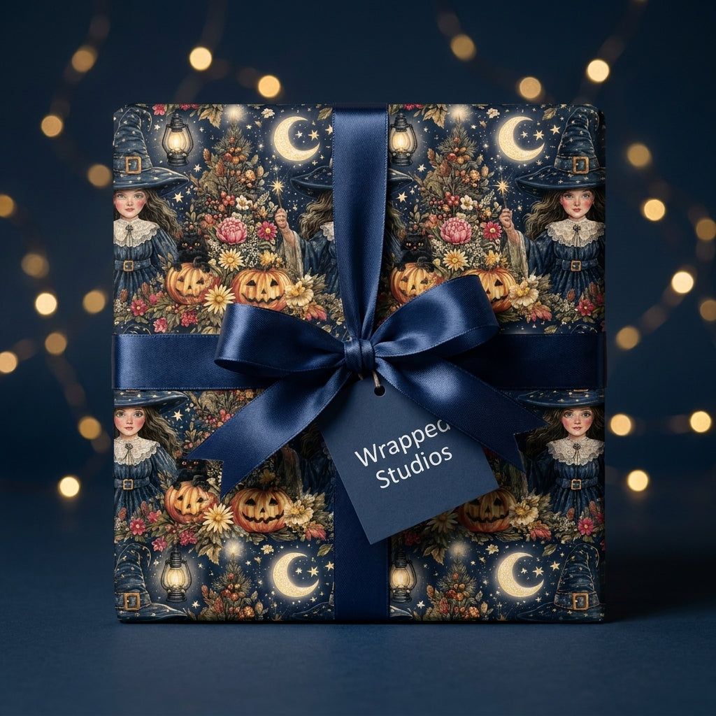 Vintage witch and pumpkin Halloween wrapping paper with a navy satin bow by Wrapped Studios.