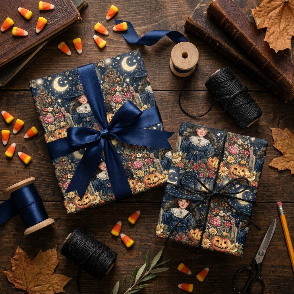 Vintage witch Halloween wrapping paper by Wrapped Studios, styled on gifts with navy blue ribbon.
