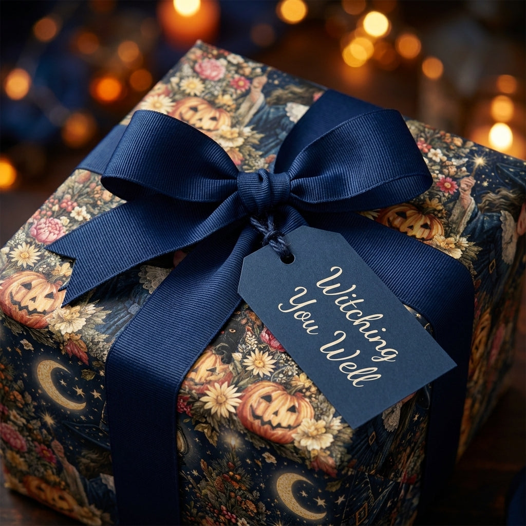 Vintage Halloween wrapping paper with pumpkins, navy bow, and gift tag by Wrapped Studios.