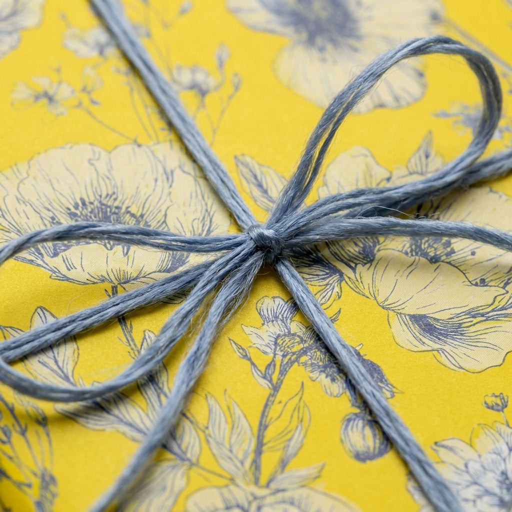 Yellow floral wrapping paper with a blue twine bow, elegant birthday gift wrap by Wrapped Studios.
