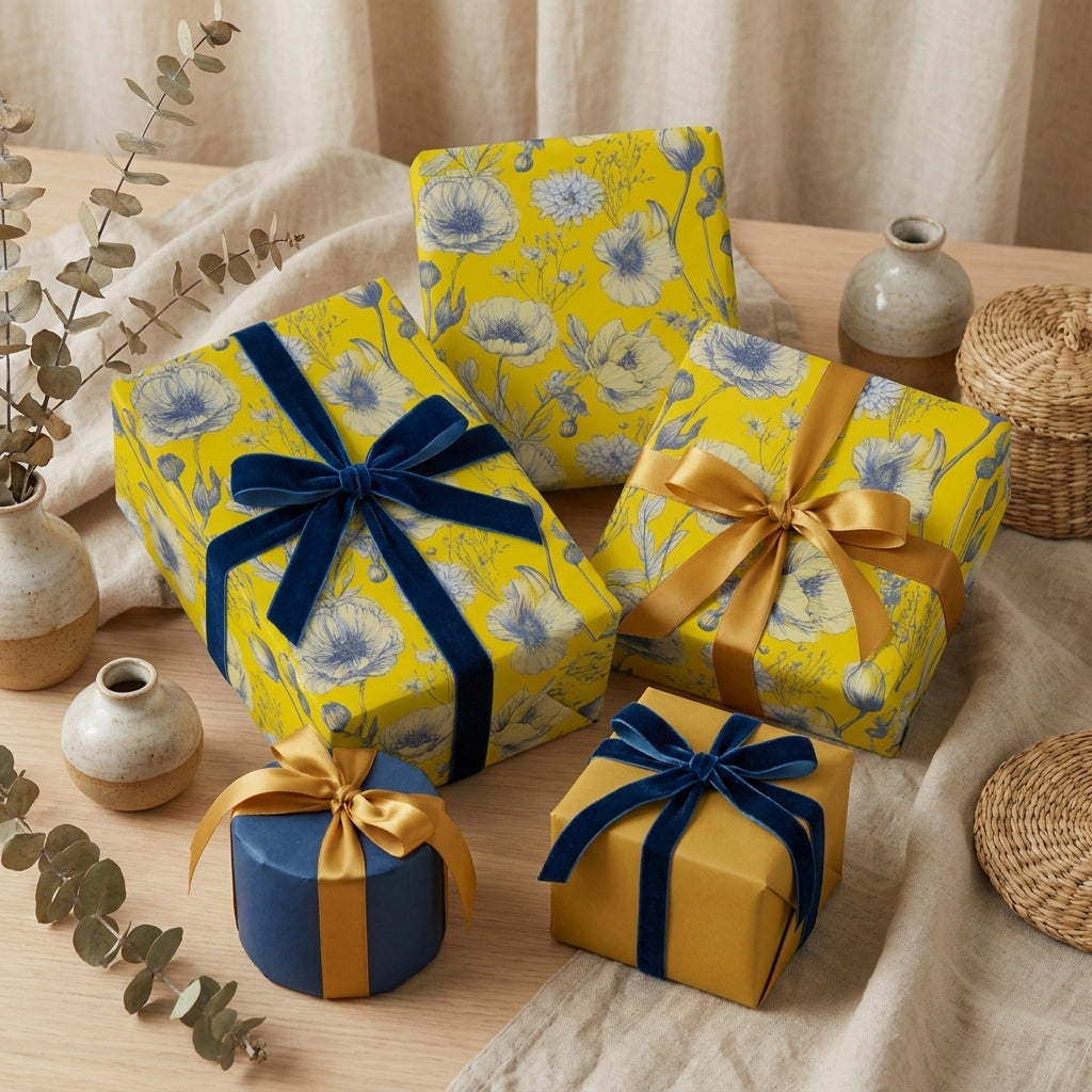Yellow floral wrapping paper by Wrapped Studios on gift boxes with luxury velvet ribbons.