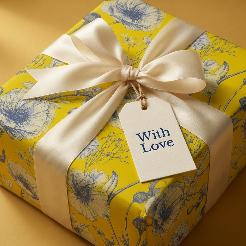 Yellow floral wrapping paper with a blue botanical design, cream ribbon, and a With Love tag by Wrapped Studios.