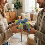A couple exchanging a gift in yellow floral wrapping paper with a blue ribbon by Wrapped Studios.
