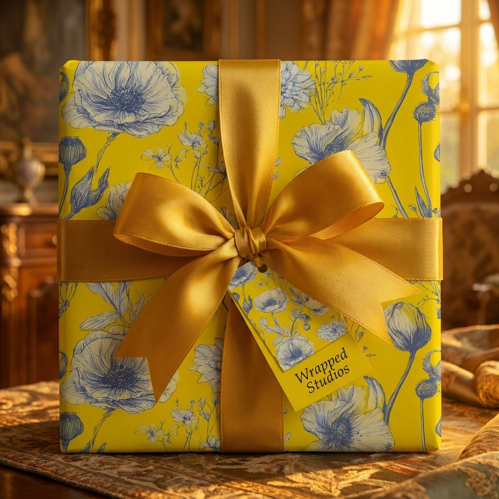 Luxury yellow and blue floral wrapping paper with a gold satin bow and gift tag by Wrapped Studios.
