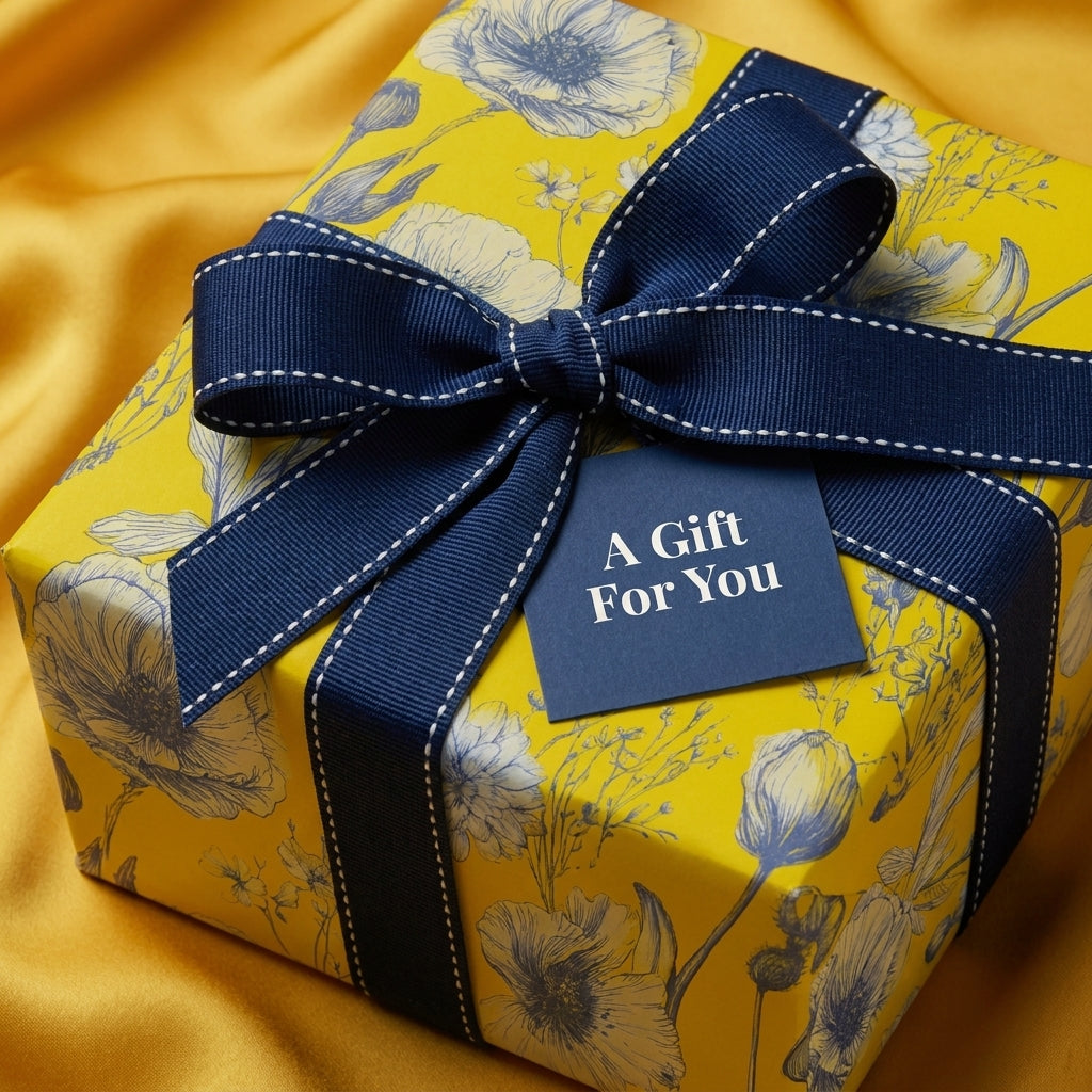 Luxury yellow floral wrapping paper with a navy blue ribbon and gift tag, by Wrapped Studios.