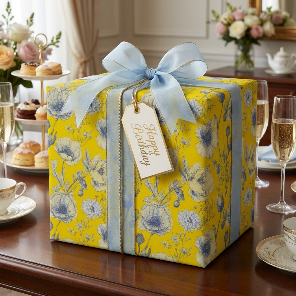 Yellow floral birthday wrapping paper on a luxury gift box with a blue ribbon by Wrapped Studios.