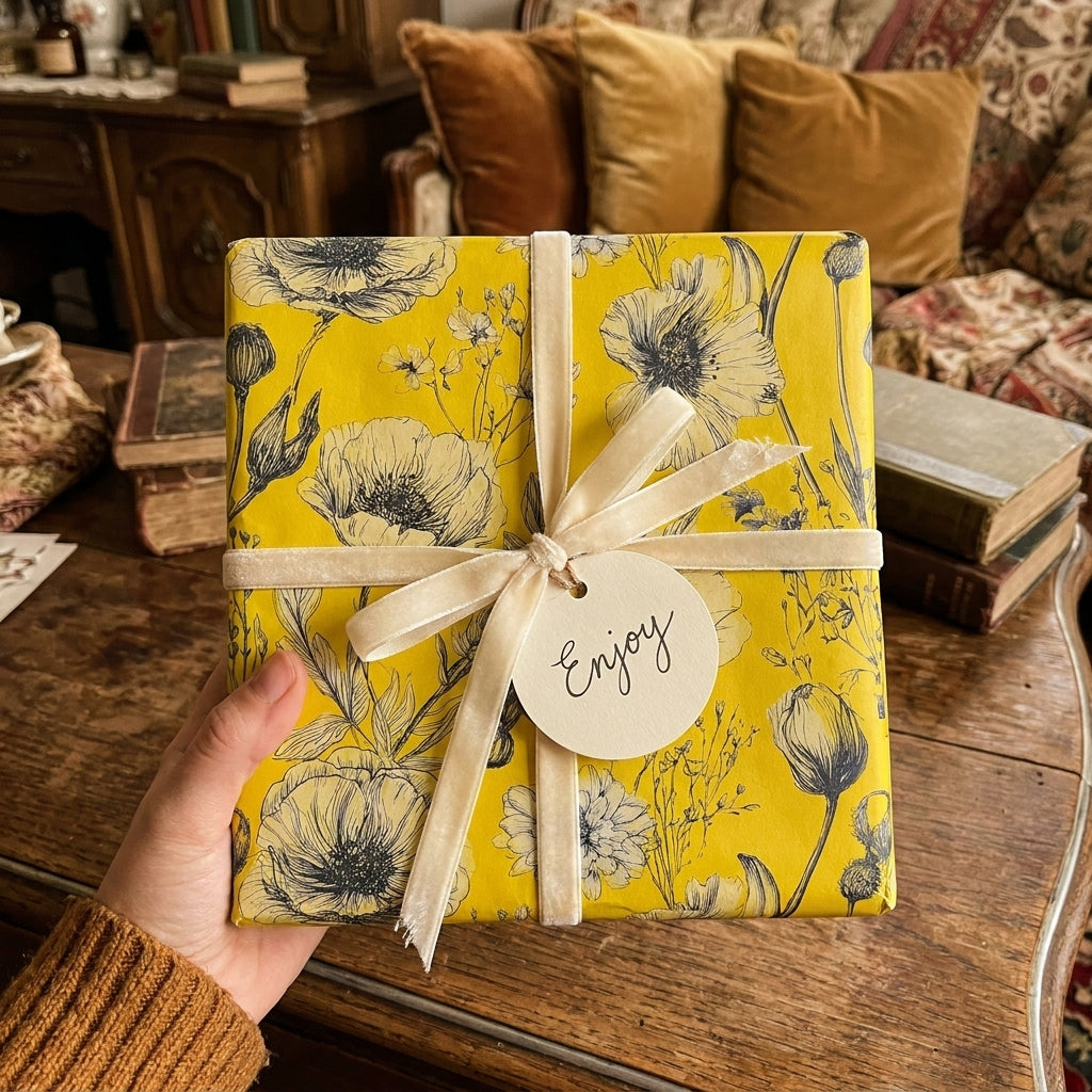 Vintage yellow floral wrapping paper with cream velvet ribbon on a gift box by Wrapped Studios.