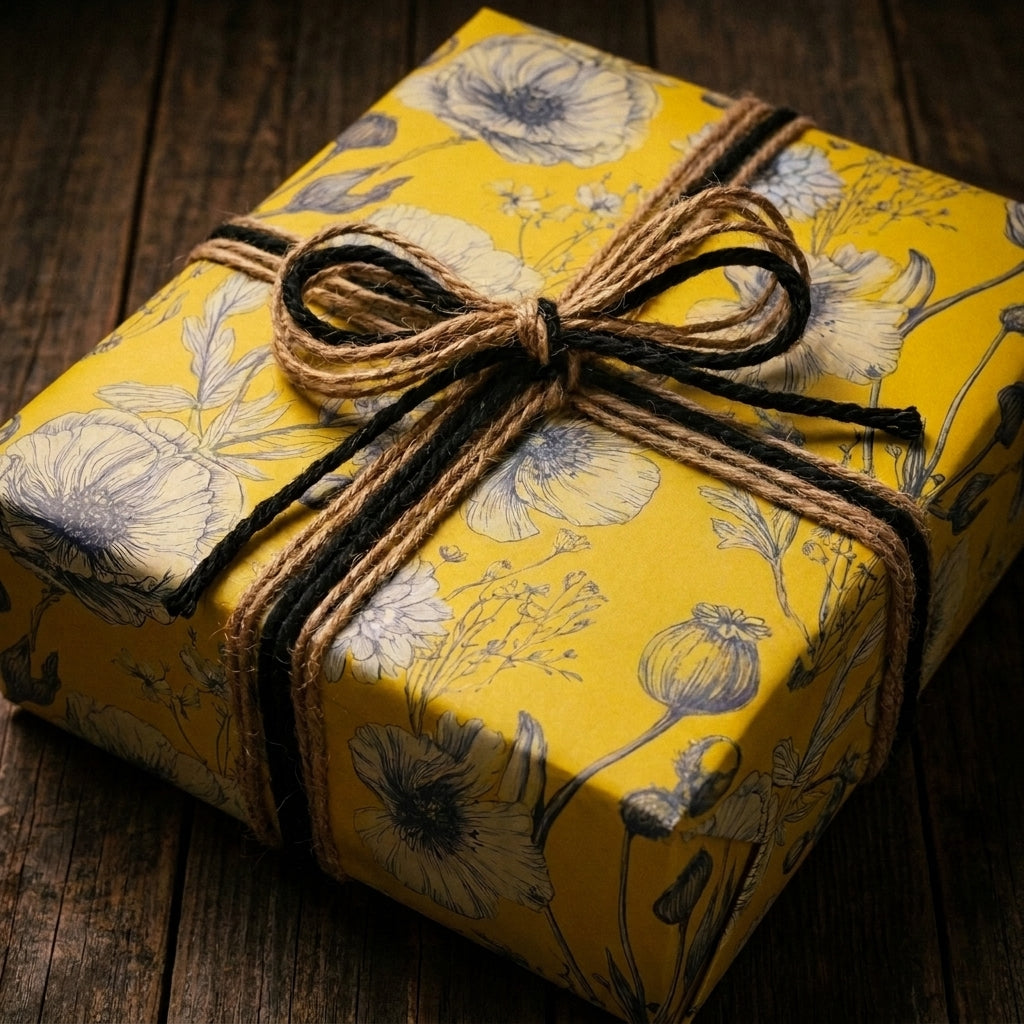 Yellow vintage floral wrapping paper with a rustic twine bow on wood by Wrapped Studios.